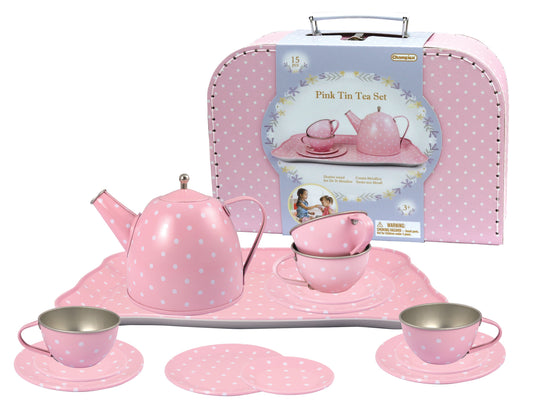 Kaper Kidz Pink Polka Dot Tin Tea Set, ideal for imaginative play at home.