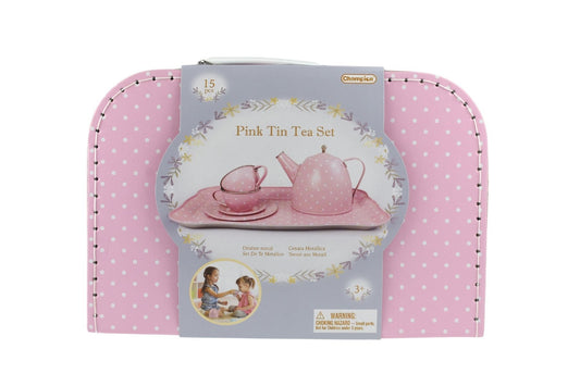 Colorful polka dot tea set with suitcase, great for imaginative play, 15 pieces.