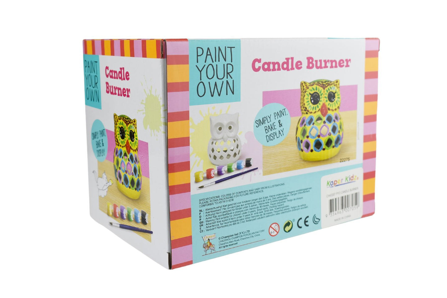 Colorful ceramic owl candle holder craft kit for kids, perfect for DIY home decor.