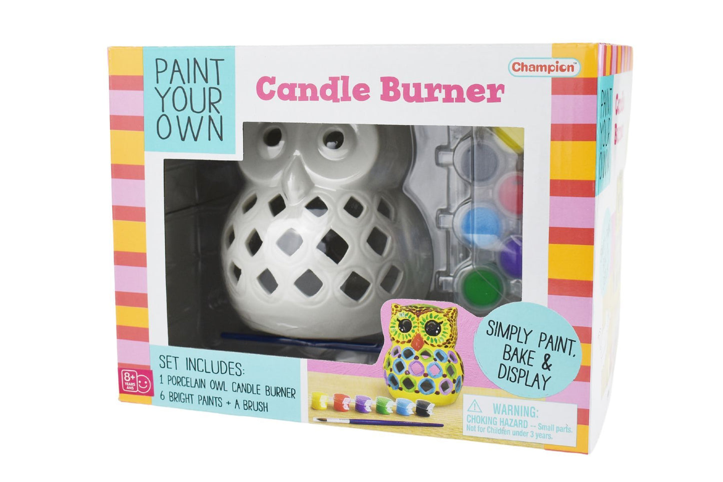 Colorful DIY ceramic owl candle holder kit for kids home decor projects.