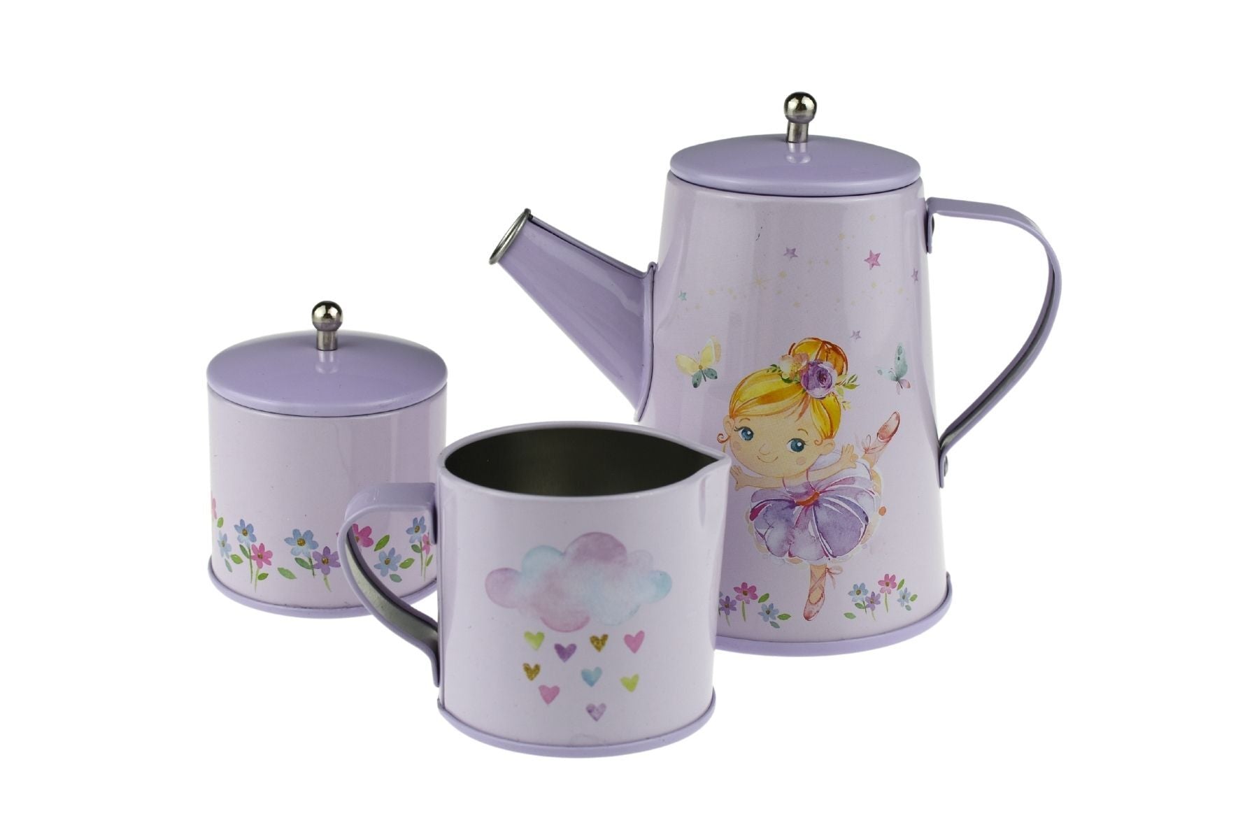 Colorful Ballerina Tin Tea Set for Pretend Play; 13 Pieces; Ideal for Kids Imaginative Fun