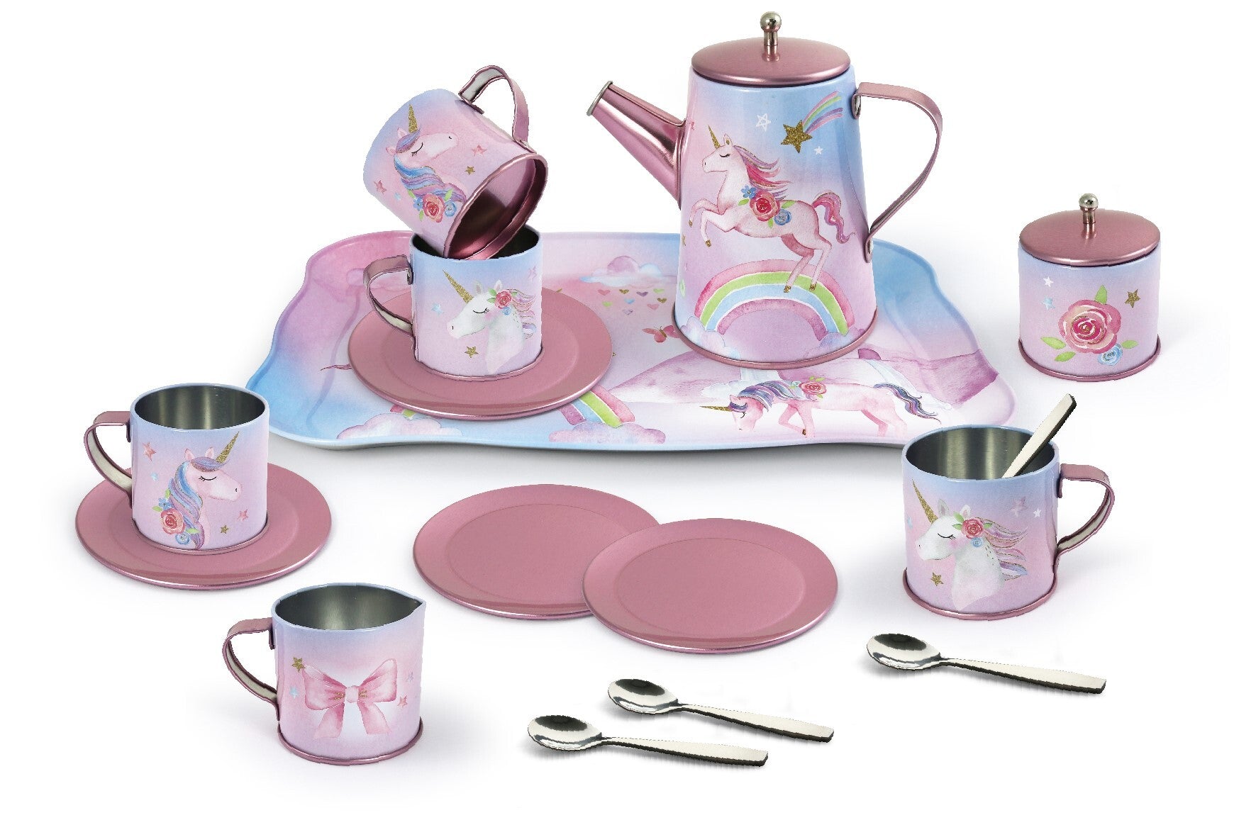 Colorful Rainbow Unicorn 18 Piece Tea Set in Tin Suitcase for imaginative play.