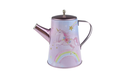 Colorful rainbow unicorn 18-piece tin tea set in suitcase for imaginative play at home.