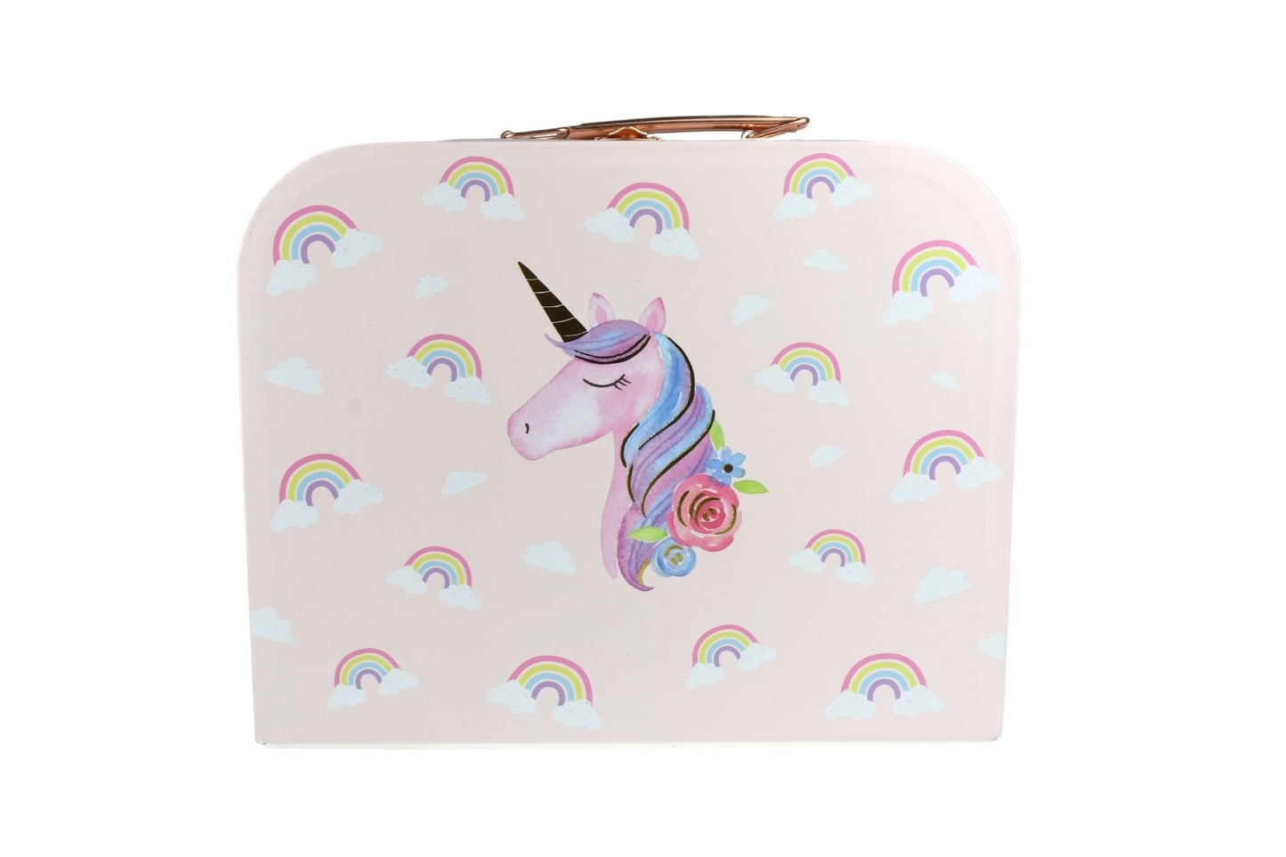 Colorful rainbow unicorn-themed tin tea set in suitcase for imaginative playtime at home.