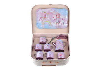 Colorful Rainbow Unicorn Tin Tea Set for imaginative play, includes 18 pieces in suitcase.