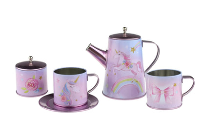 Colorful 18-piece Unicorn Tin Tea Set in Suitcase for imaginative play at home