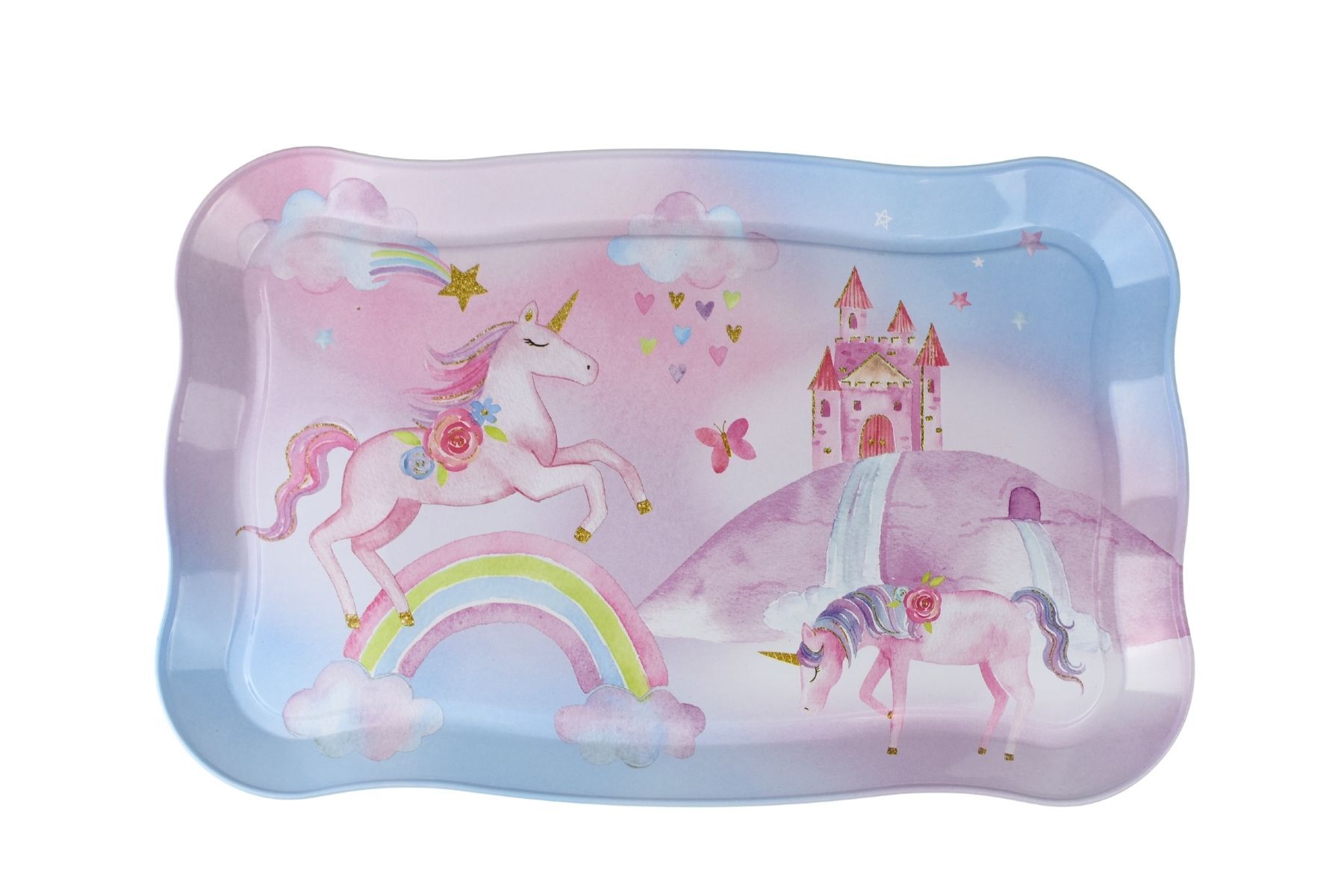 Colorful Rainbow Unicorn Tin Tea Set for kids, 18-piece in handy suitcase.