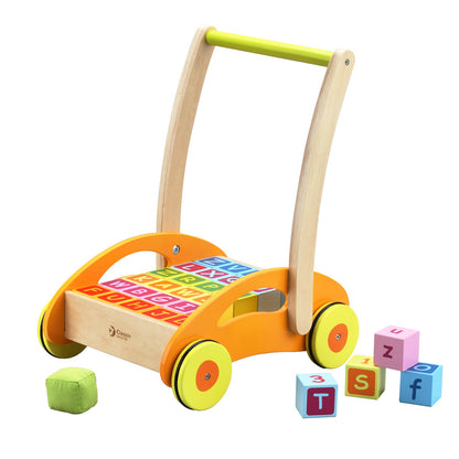 Colorful wooden baby walker featuring removable building blocks encourages walking, stacking, and imaginative play.