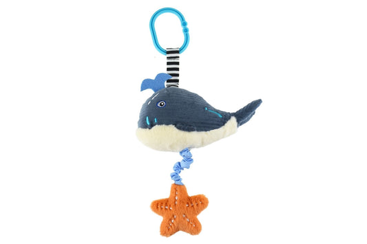 Colorful plush whale pram toy with koala design for interactive play and sensory development.