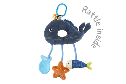 Whale plush dangler toy designed for babies, perfect for cuddling and stimulating playtime.