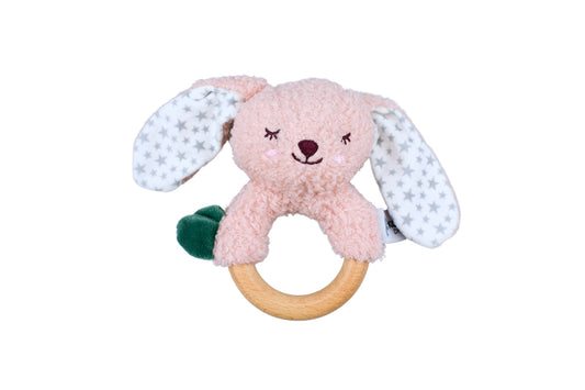 Berry Bunny Wooden Ring Rattle, a cuddly snuggle buddy for babies sensory play.