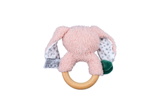 Berry Bunny wooden ring rattle with soft fabric design, ideal for soothing babies.