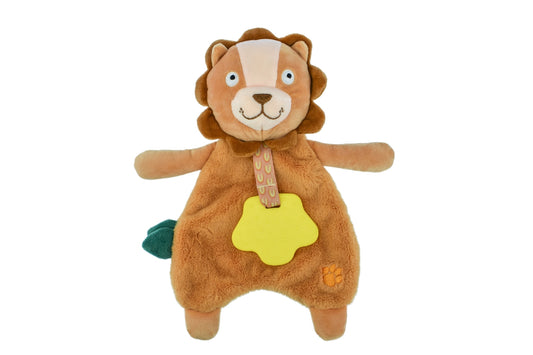 Lion plush teether toy ideal for soothing babies & toddlers, a snuggly companion at home.