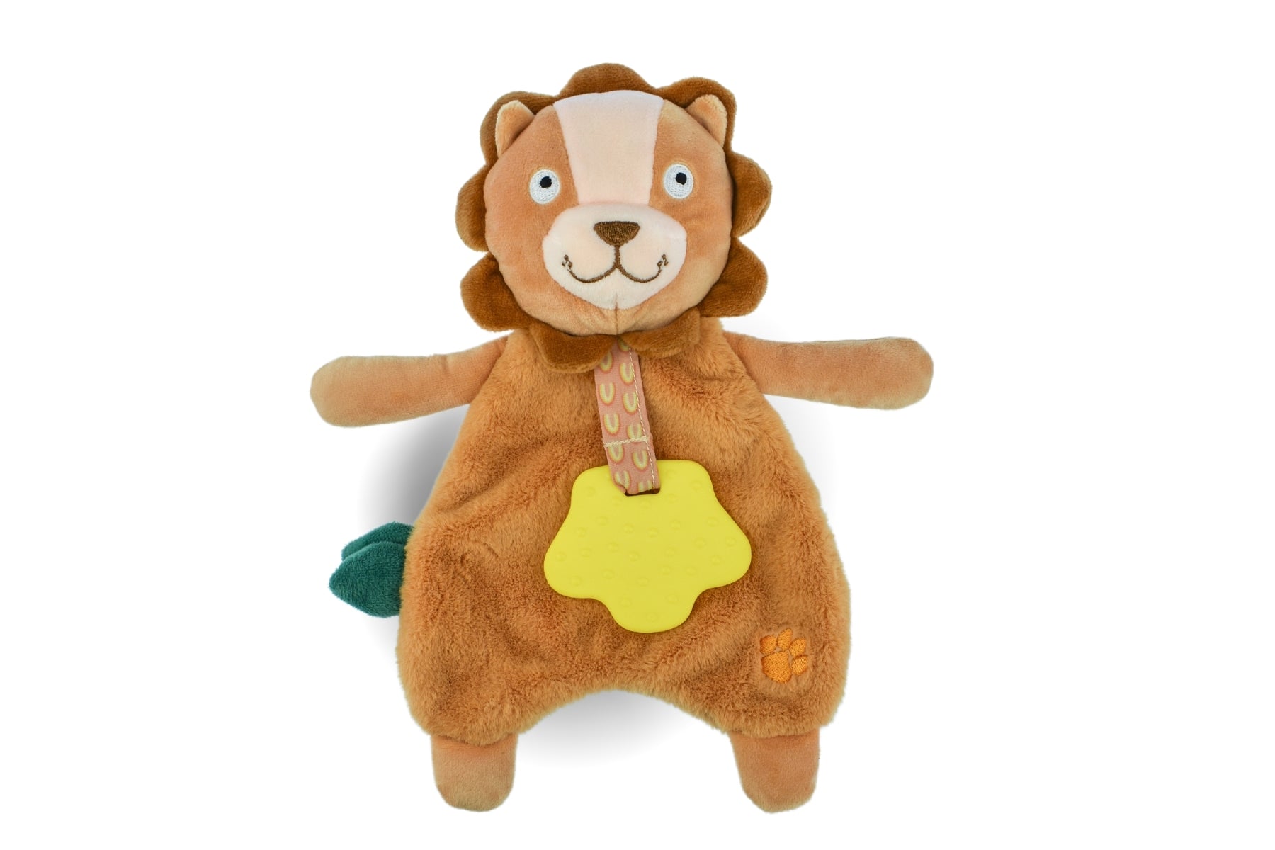 Lion plush teether toy for babies, featuring snuggly design for comfort and teething relief.