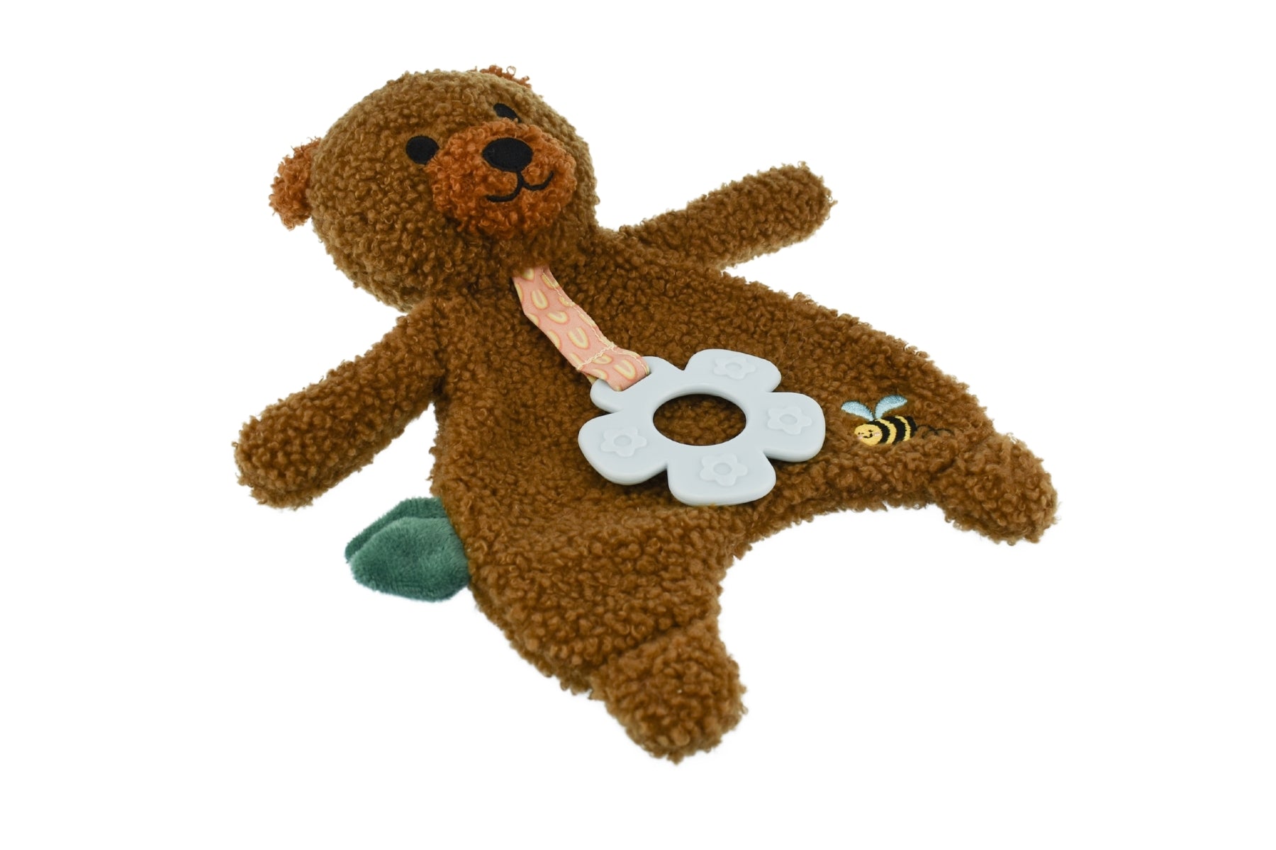 Maple Bear soft snuggler includes teether for comforting playtime, ideal for kids cuddles.