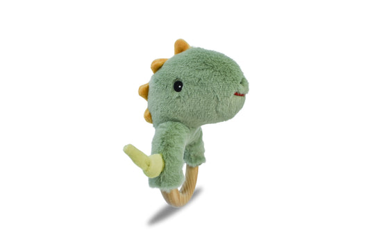 Minty Dinosaur Plush Rattle with Wooden Ring for infants, offering tactile comfort and play.