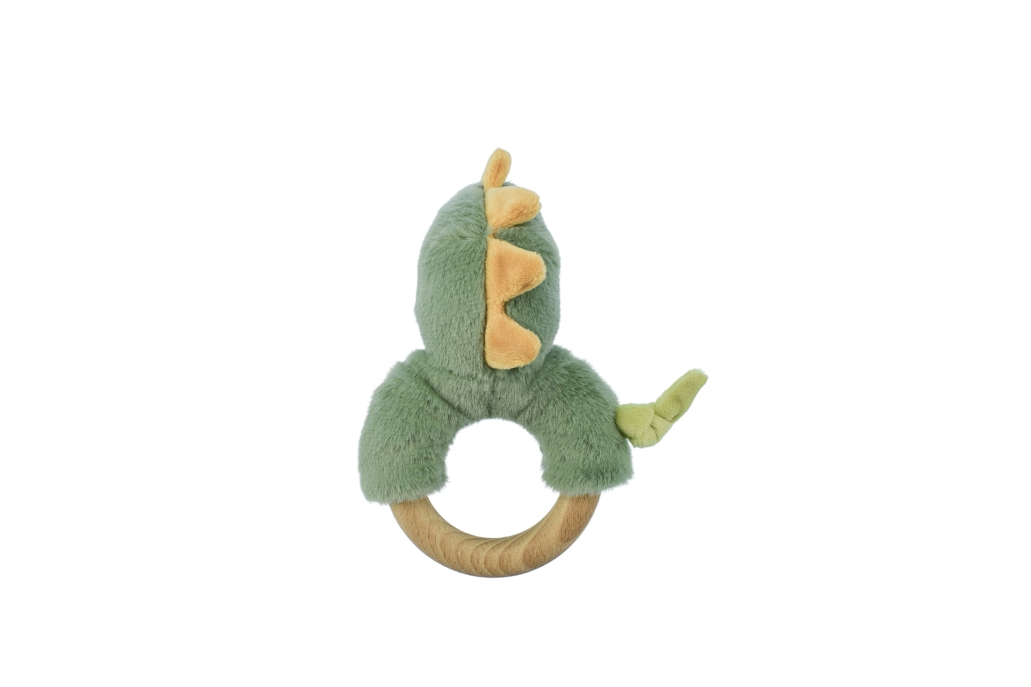 Plush dinosaur rattle with minty scent, wooden ring for babies sensory play and teething.