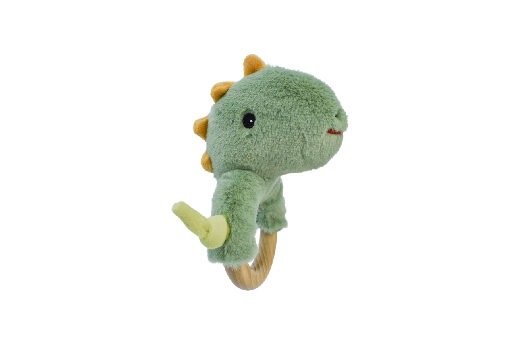 Minty Dinosaur Plush Rattle with Wooden Ring for comforting playtime, perfect for infants.