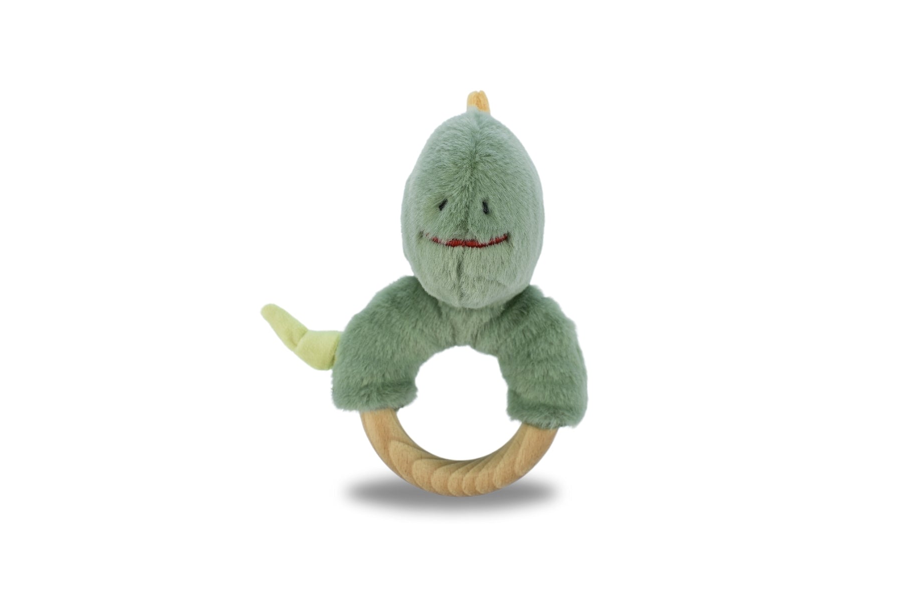 Minty Dinosaur plush rattle with wooden ring for fun, comforting playtime at home.