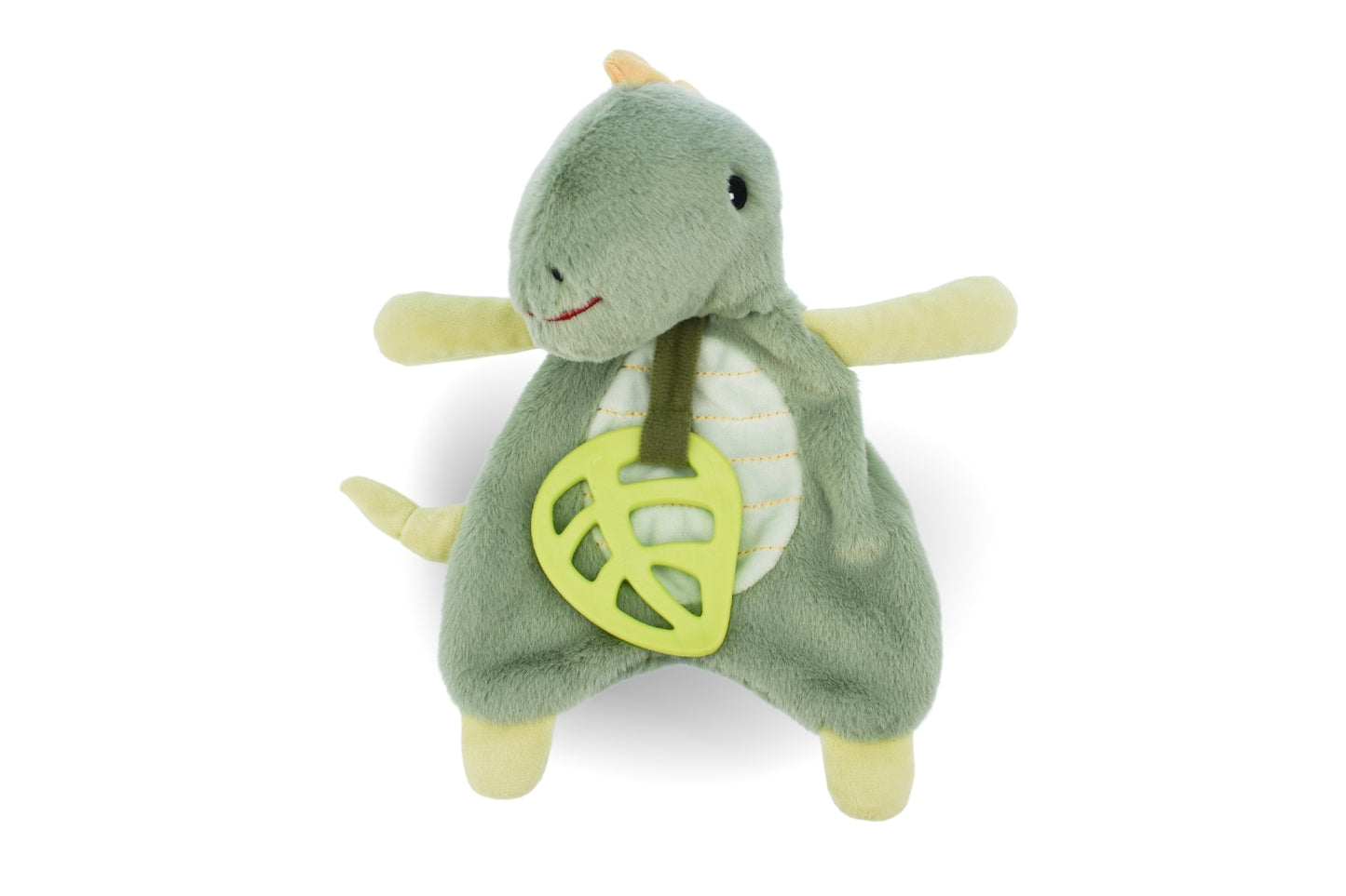 Snuggle Buddy Minty Dinosaur Plush with Teether - Soft, soothing toy for home cuddles.