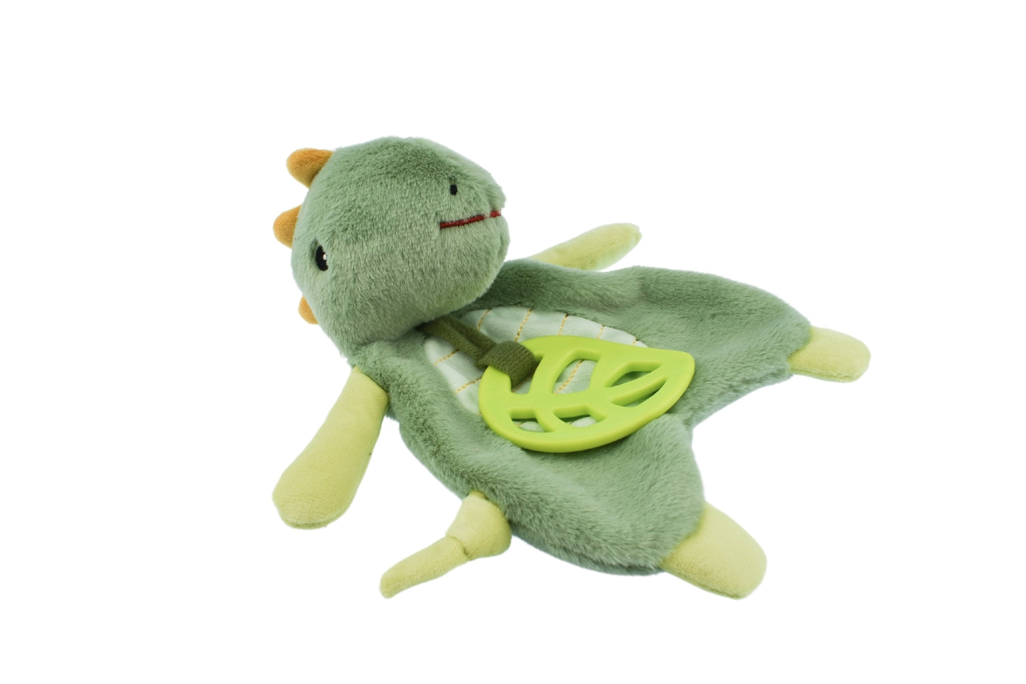 Minty Dinosaur plush toy with teether, perfect cuddly companion for comforting children at home