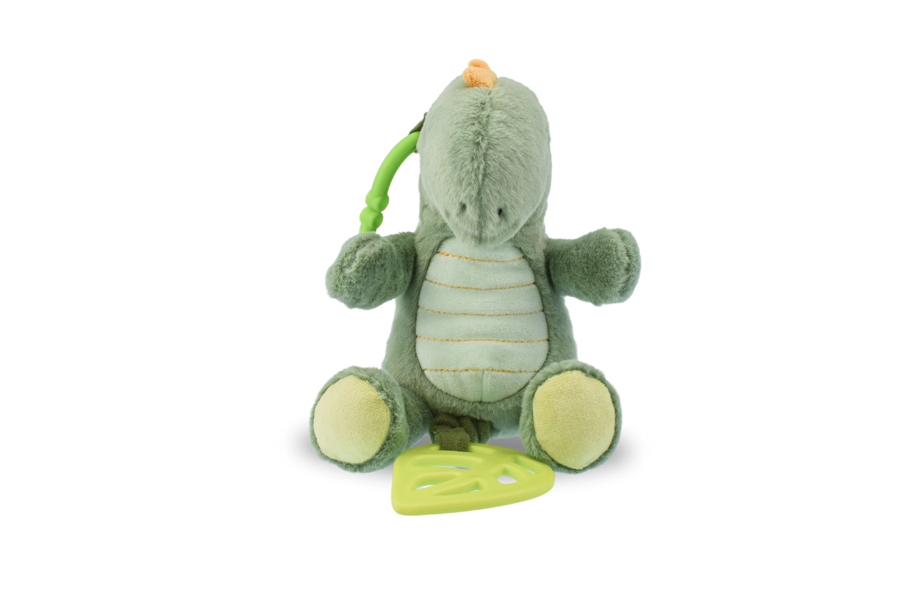 Snuggle Buddy Minty Dinosaur Plush Jiggler with Teether, a cozy, sensory comfort toy for kids.