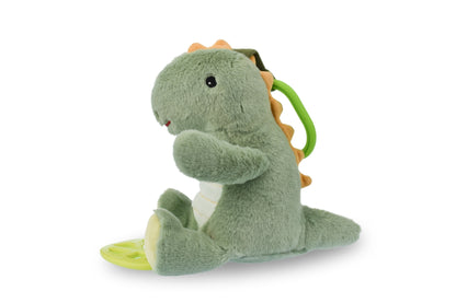 Minty dinosaur plush jiggler with teether, a cuddly companion for soothing and play.