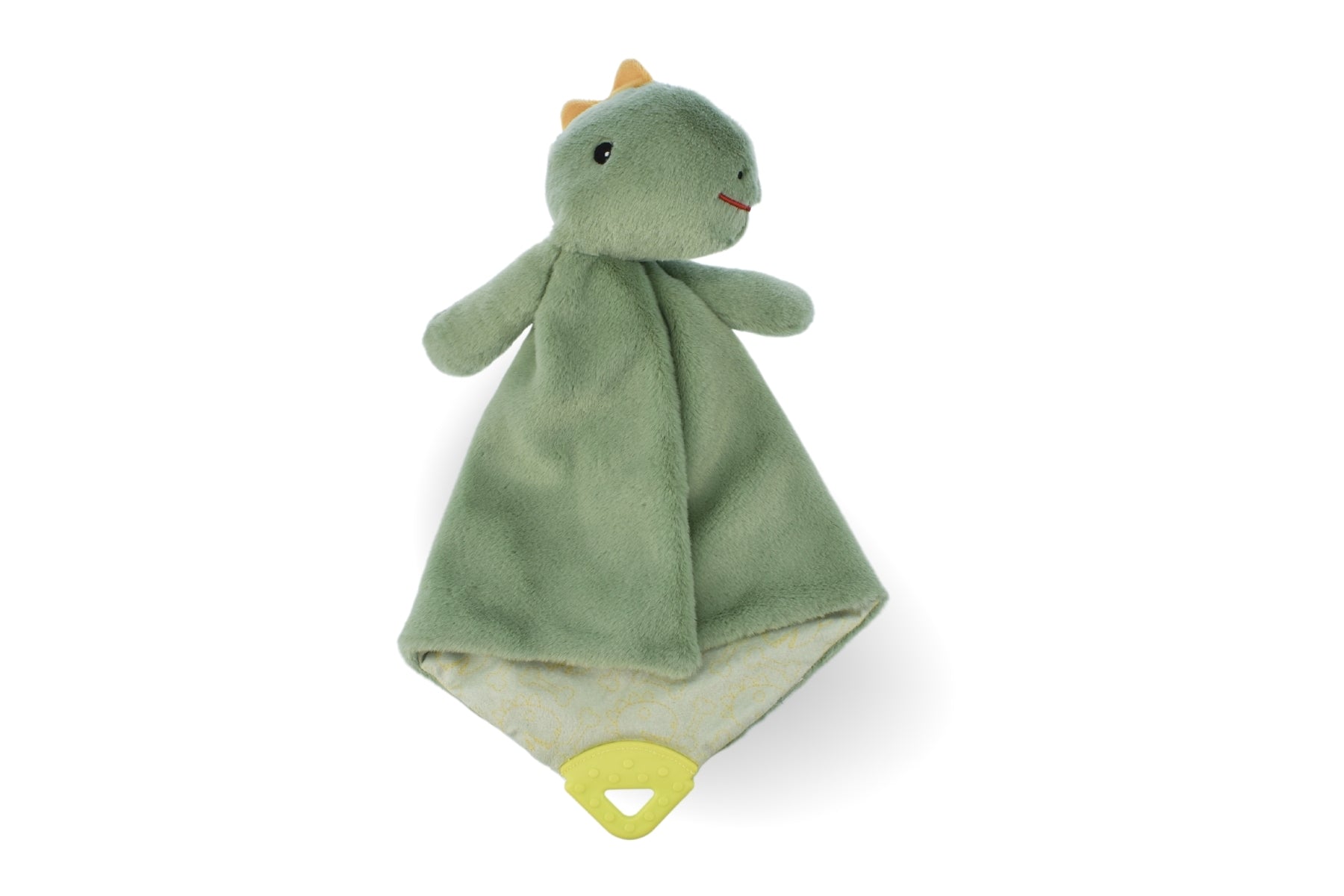 Snuggle Buddy Minty Dinosaur Teether Blanket designed for soothing teething infants.