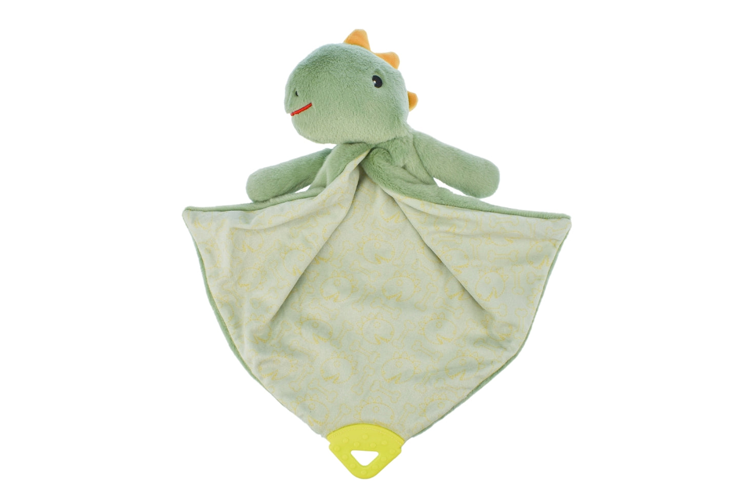 Soft mint green dinosaur teether blanket for comforting babies during play and teething.