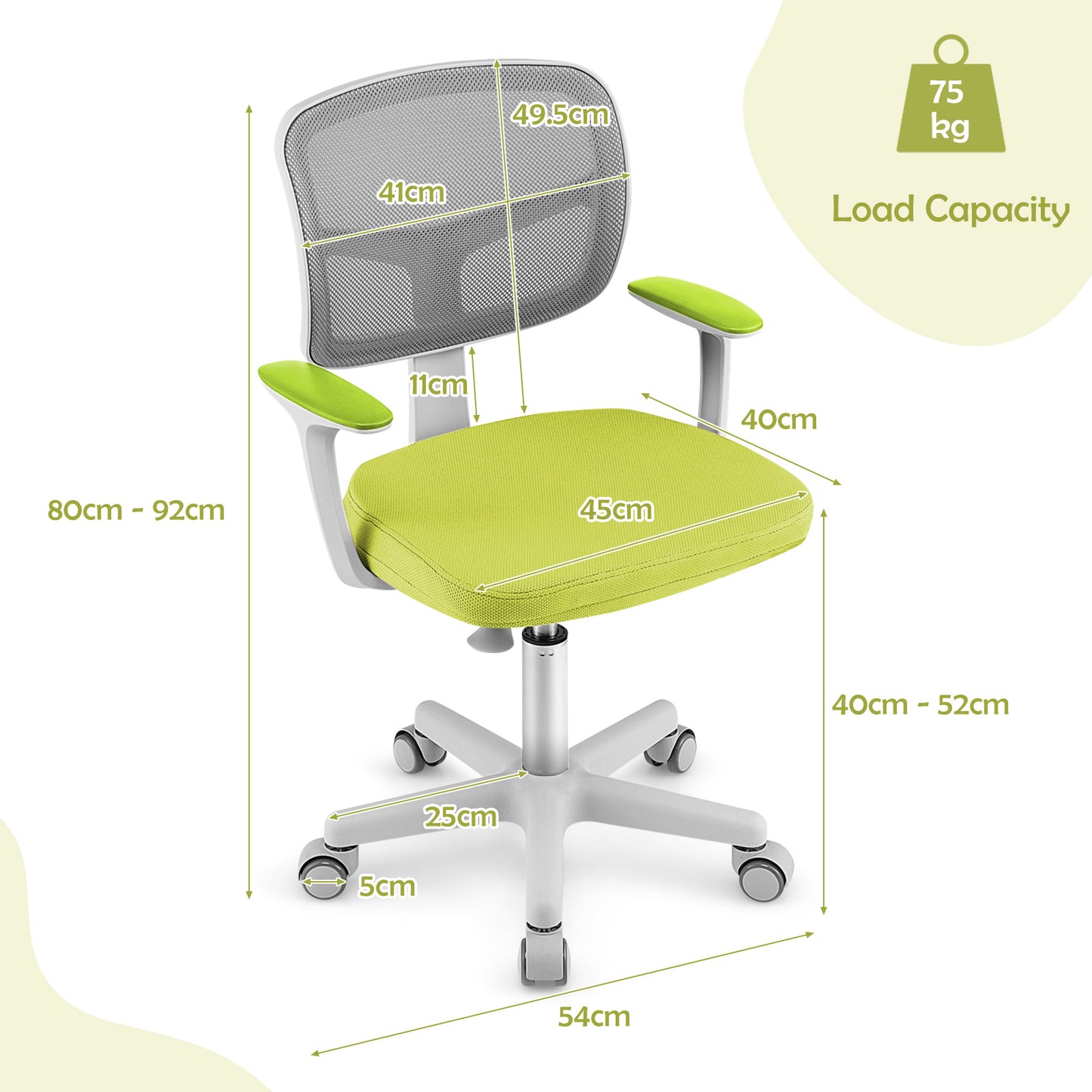 Kids Adjustable Height Desk Chair with Lumbar Support | Green