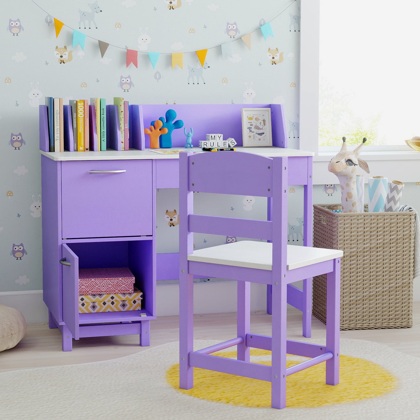 Costway Children Table with Wide Desktop and Comfy Chair for 3+ Years-Purple