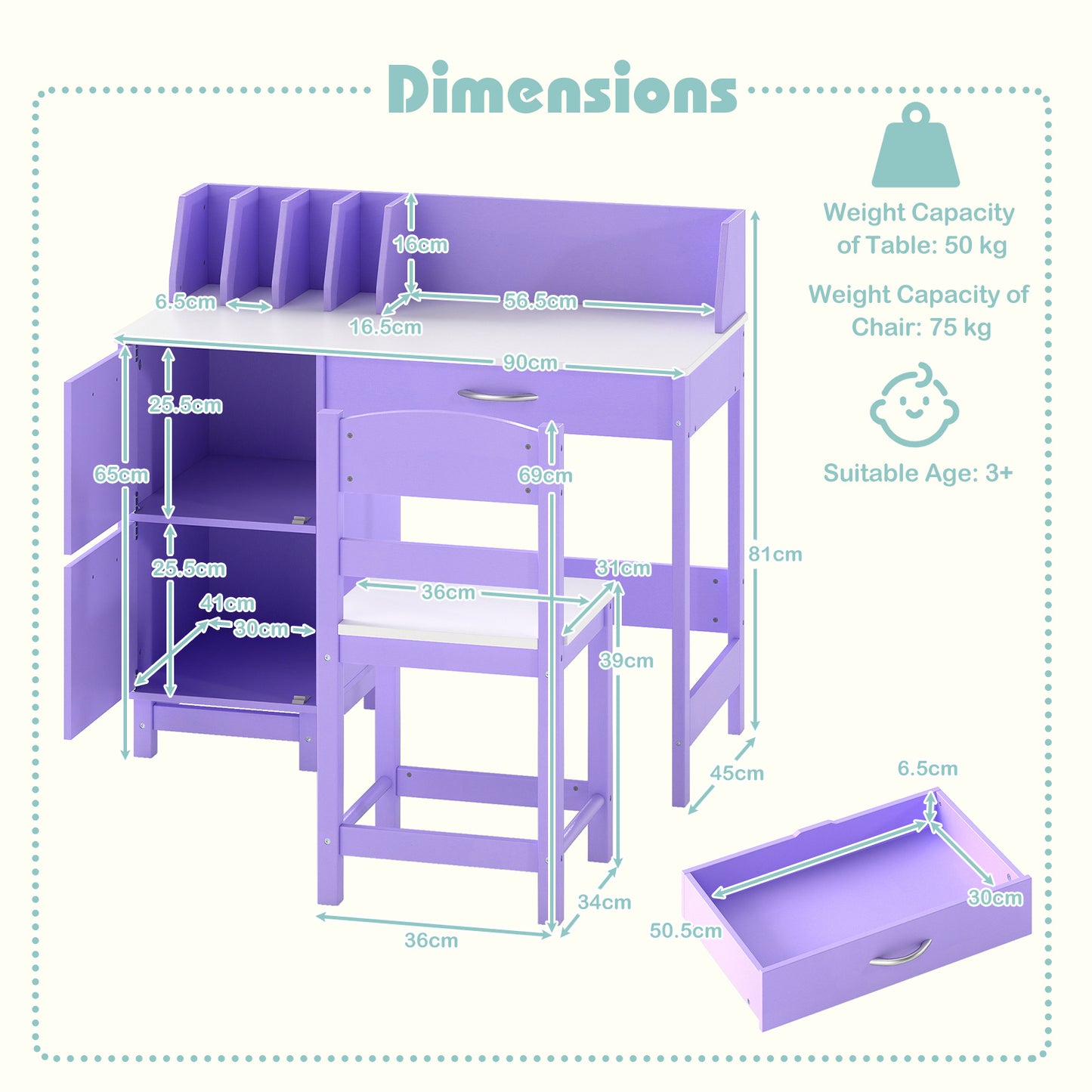 Purple Kids Table & Chair Set | Wide Desktop & Storage for 3+