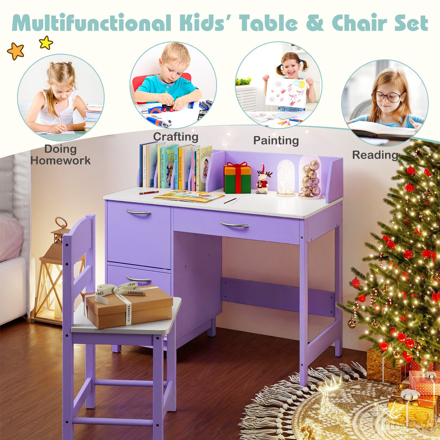 Purple Kids Table & Chair Set | Wide Desktop & Storage for 3+