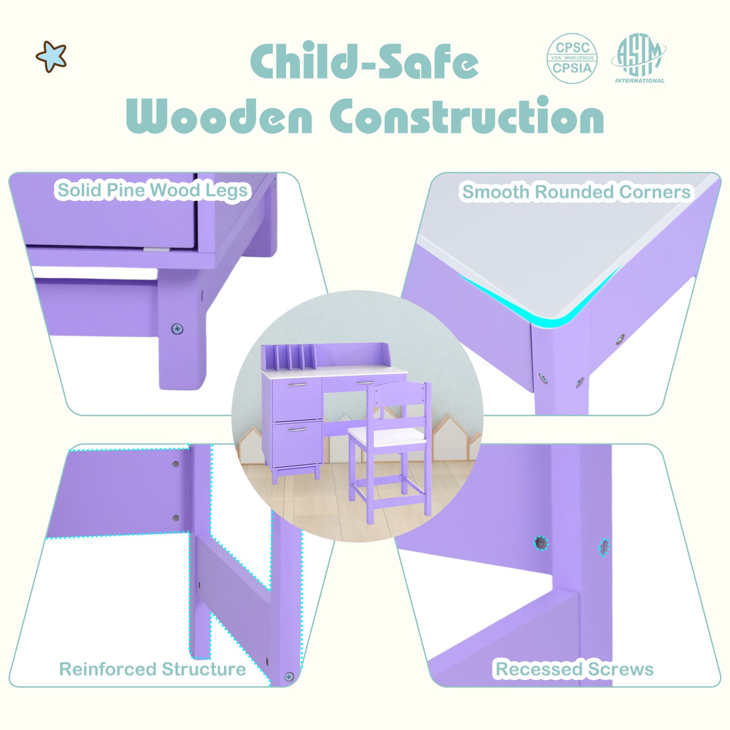Purple Kids Table & Chair Set | Wide Desktop & Storage for 3+