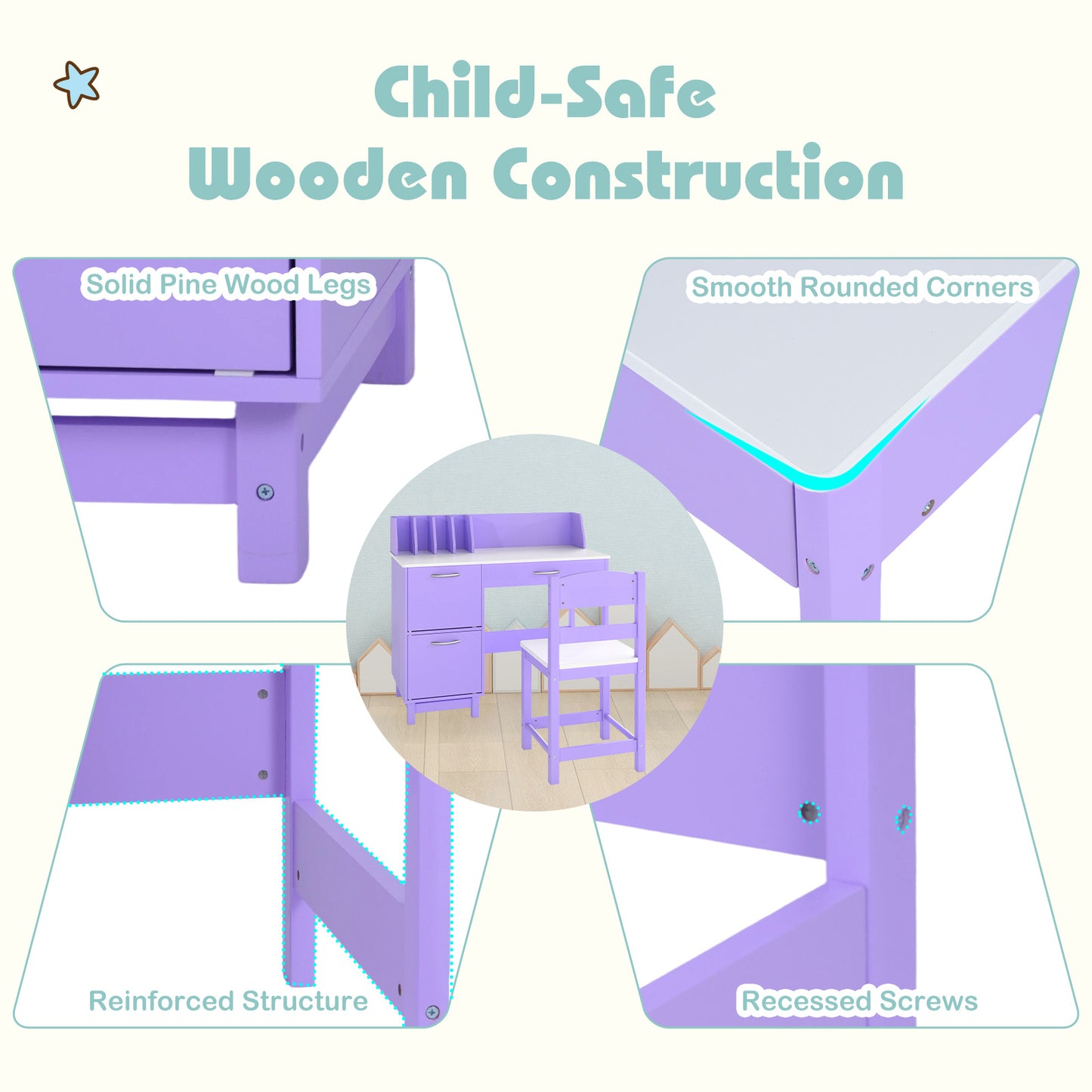 Purple Kids Table & Chair Set | Wide Desktop & Storage for 3+