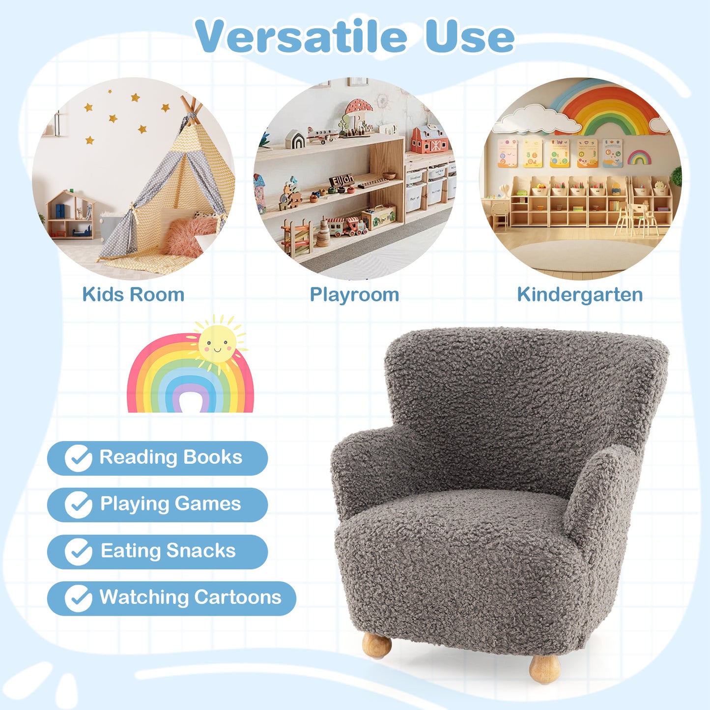 Grey Sherpa Toddler Armchair | Rubber Wood Legs | Ages 3+