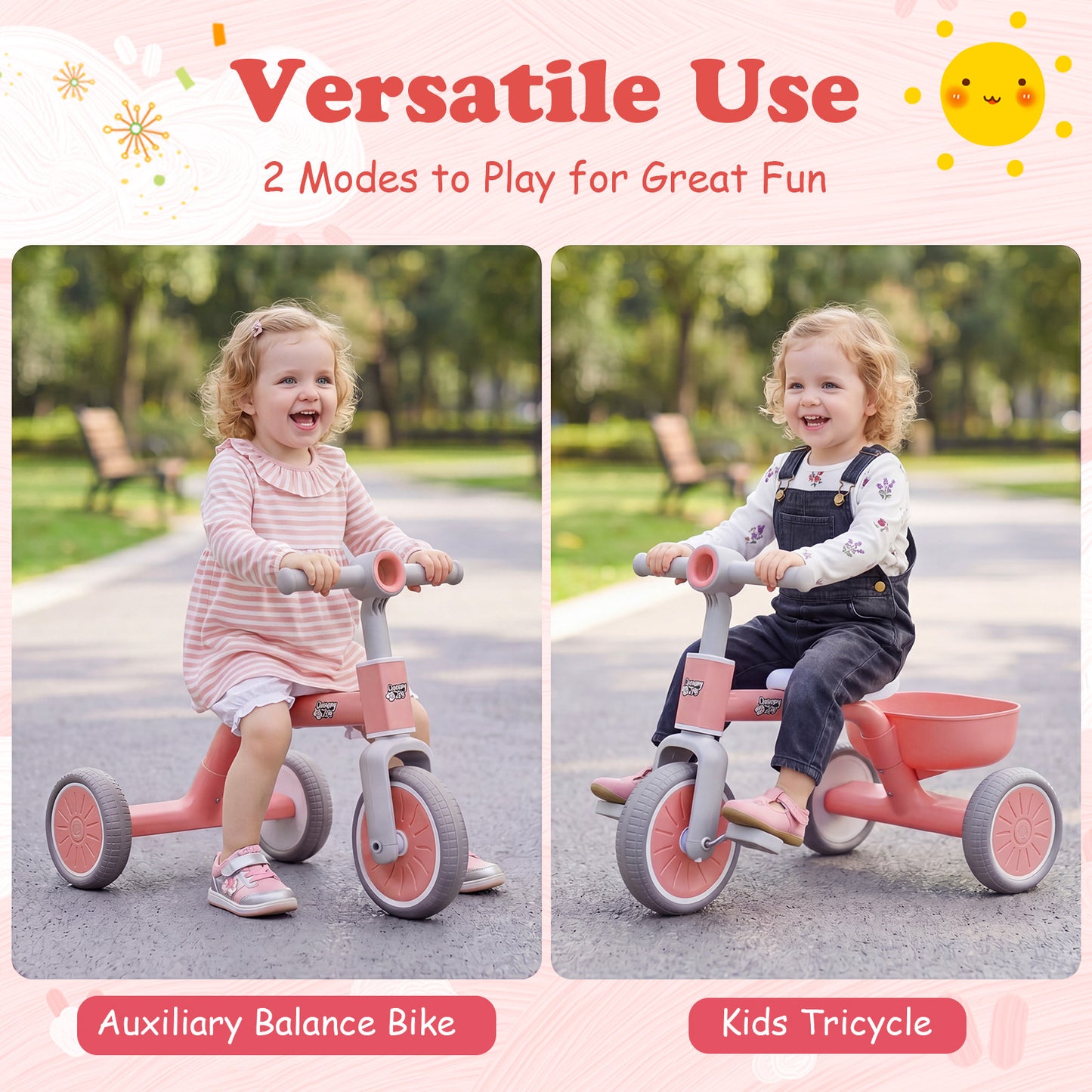 Pink Kids Tricycle | Convertible Balance Bike with Removable Pedals