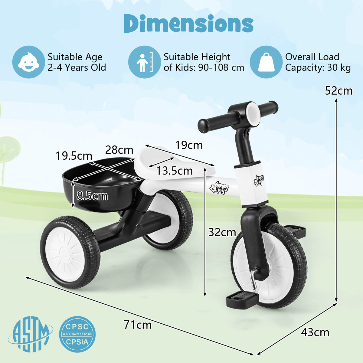 White Kids Convertible Tricycle | Removable Pedals Balance Bike