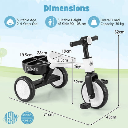 White Kids Convertible Tricycle | Removable Pedals Balance Bike