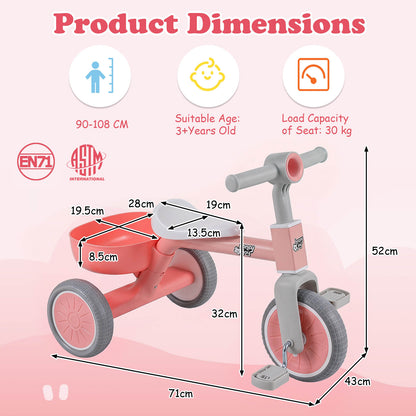 Pink Kids Tricycle | Convertible Balance Bike with Removable Pedals