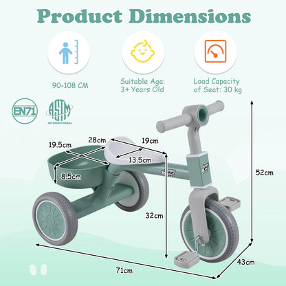 Green Kids Tricycle | Convertible Balance Bike with Removable Pedals