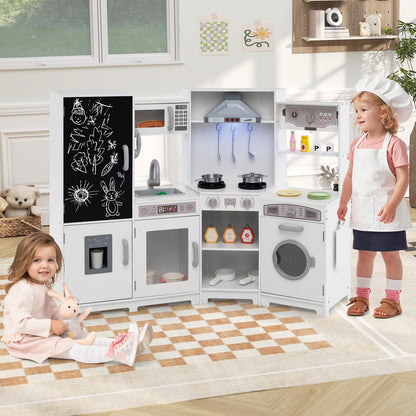 Costway Corner Wooden Play Kitchen Large Set with Lights and Blackboard-White