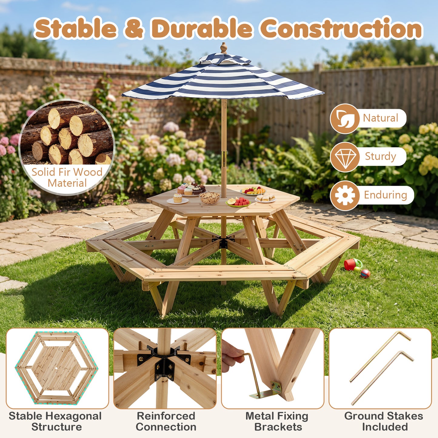 Kids Hexagonal Picnic Table With Umbrella | Natural Blue White