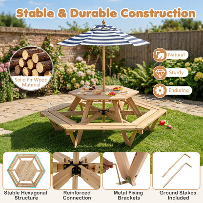 Kids Hexagonal Picnic Table With Umbrella | Natural Blue White