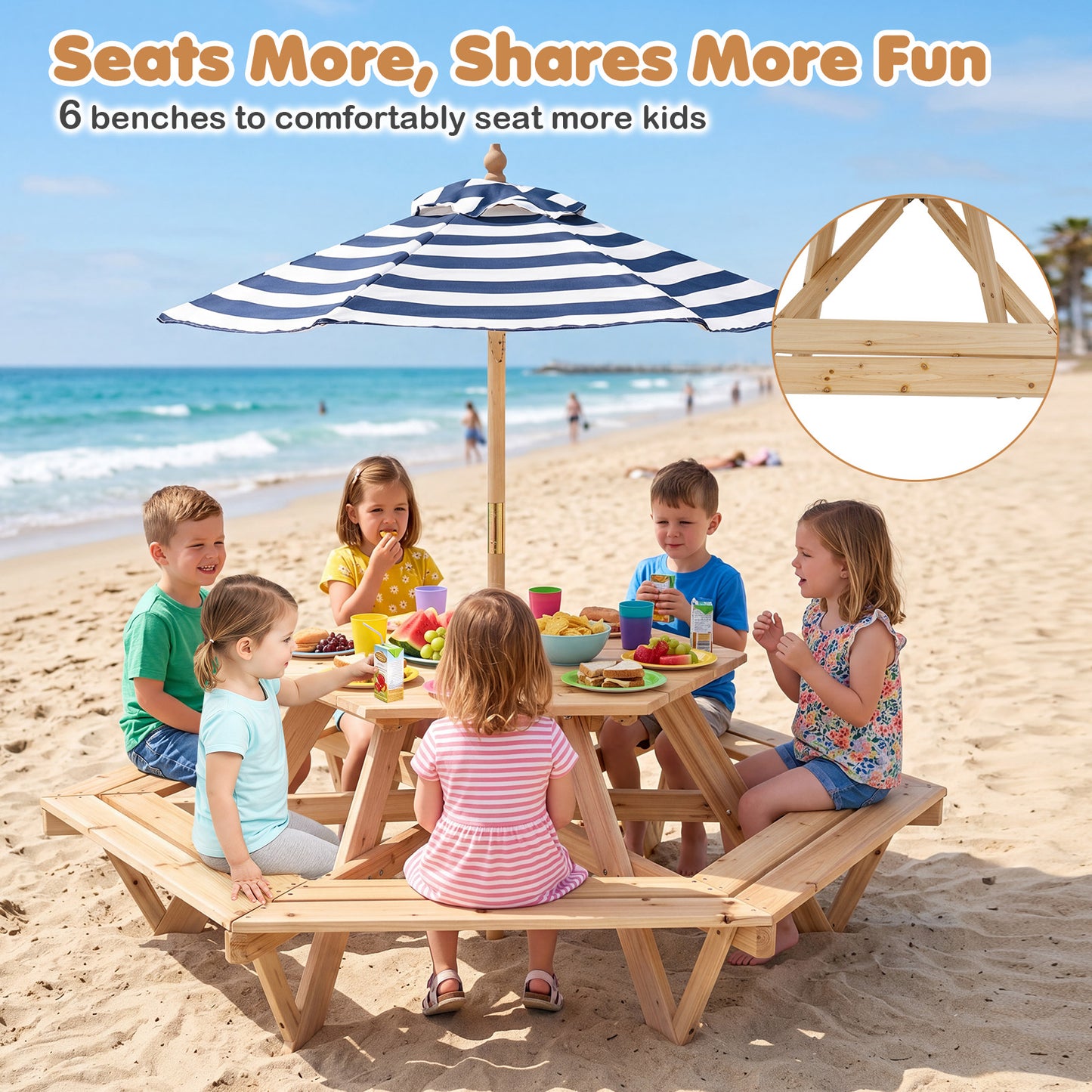 Kids Hexagonal Picnic Table With Umbrella | Natural Blue White
