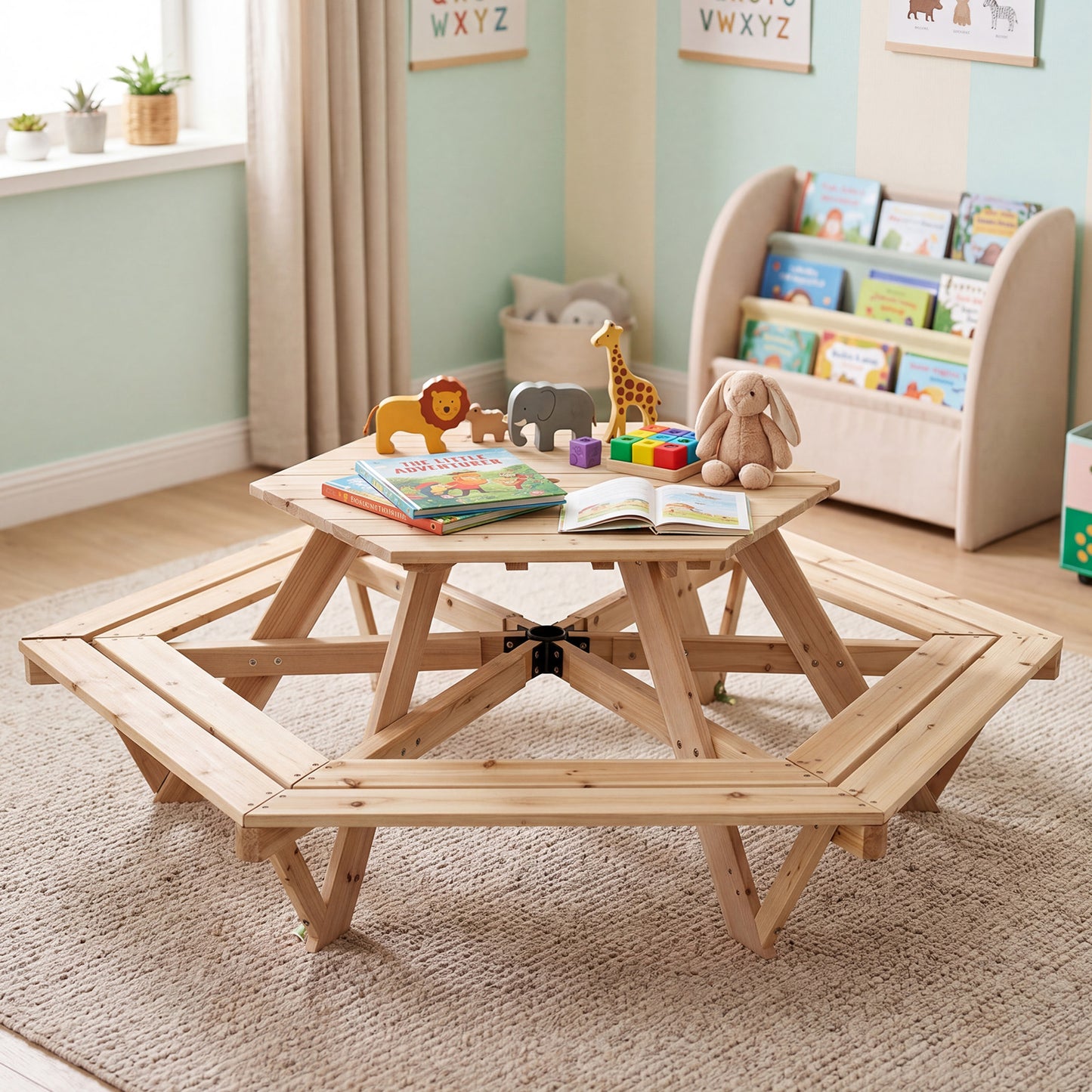 Kids Hexagonal Picnic Table With Umbrella | Natural Blue White