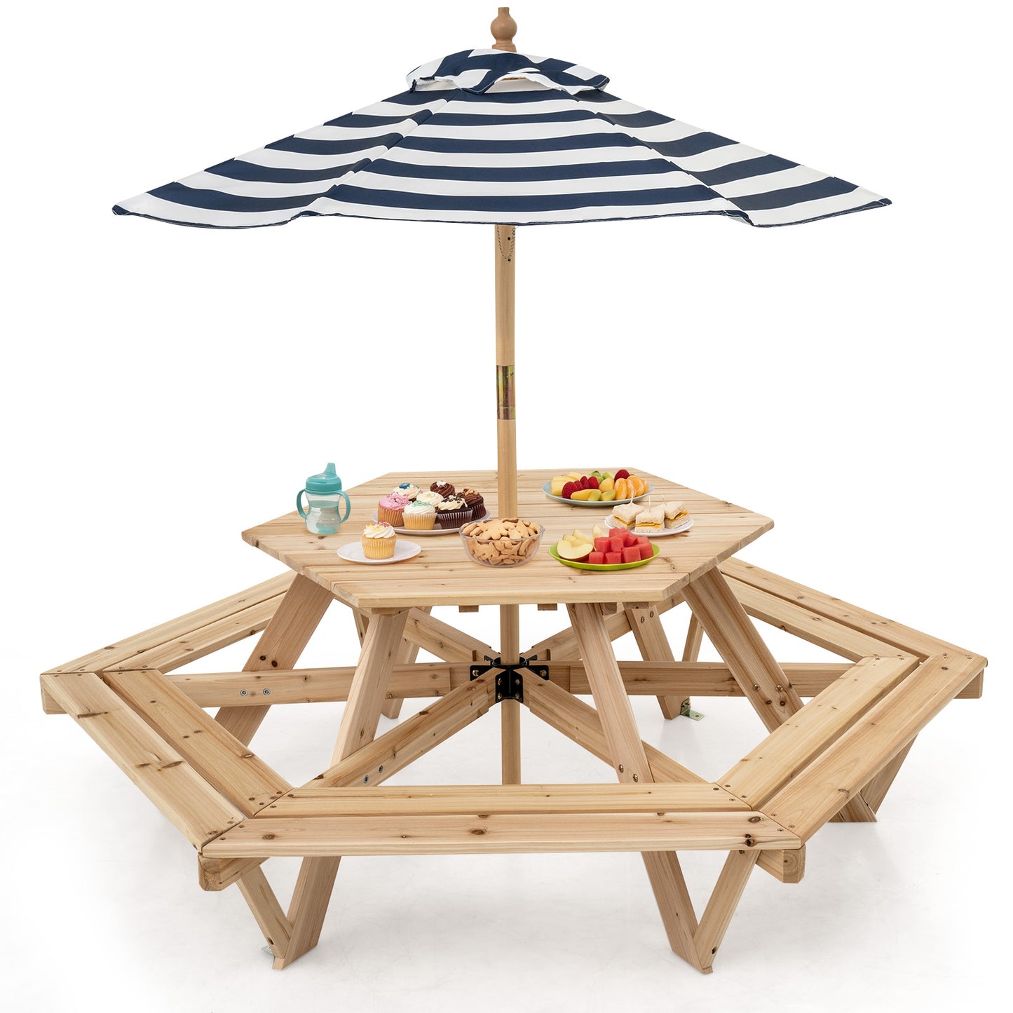 Kids Hexagonal Picnic Table With Umbrella | Natural Blue White