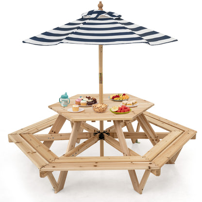 Kids Hexagonal Picnic Table With Umbrella | Natural Blue White
