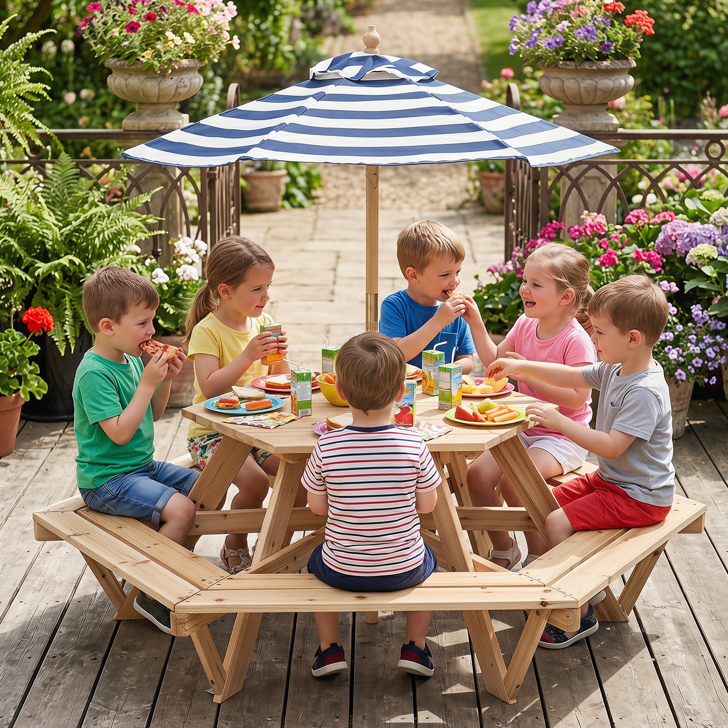 Kids Hexagonal Picnic Table With Umbrella | Natural Blue White