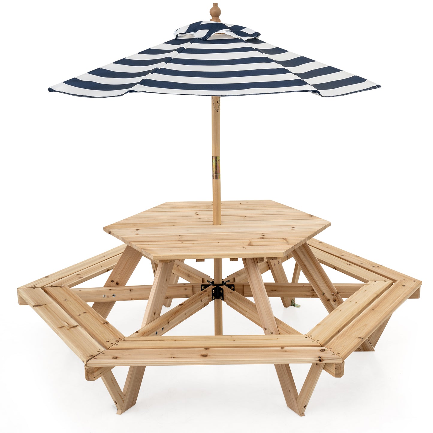 Kids Hexagonal Picnic Table With Umbrella | Natural Blue White